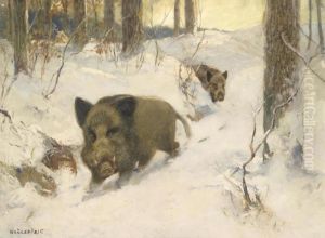 Wild Boar In A Winter Woodland by Alfred Weczerzick
