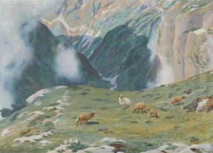 Alpenpartie Mit Schafherde by Hans Widmer