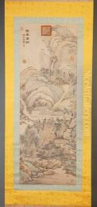 Scroll Painting Of A Landscape With Pavilions Scroll Painting Of A Landscape With Pavilions