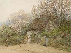 Thatched Cottage With Figures by Helen Mary Elizabeth Allingham