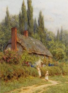Children On A Path Outside A Thatched Cottage, West Horsley,surrey