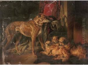 A Scottish Deerhound And Three Dandy Dinmonts By An Open Fire by Richard Ansdell