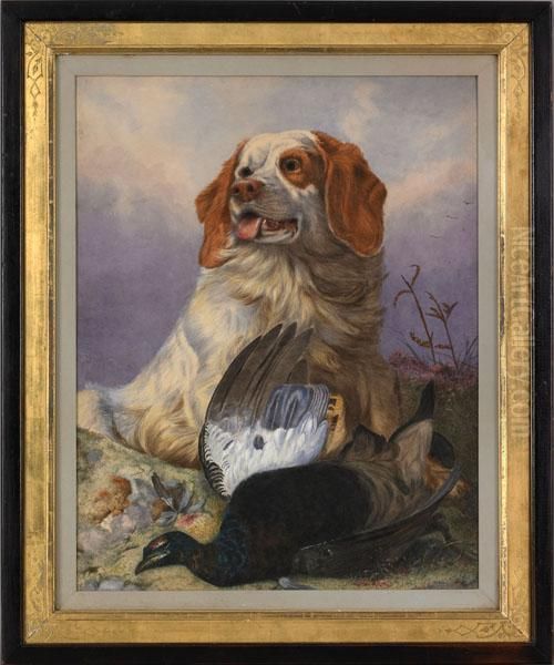 Spaniel And A Pheasant In A Landscape - view 1