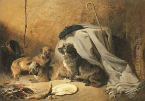 Three Dandie Dinmont Terriers By A Cottage Hearth