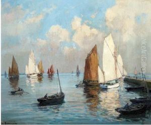 Yachts In A Calm At The Harbour Mouth by Henri Alphonse Barnoin