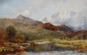 A River Landscape With Figures On Theriverbank by David Bates