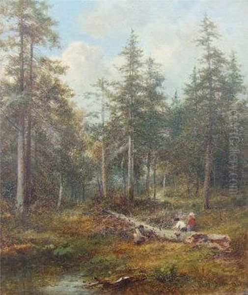 Three Figures Cutting Up A Fallen Tree In A Wooded Landscape - view 1