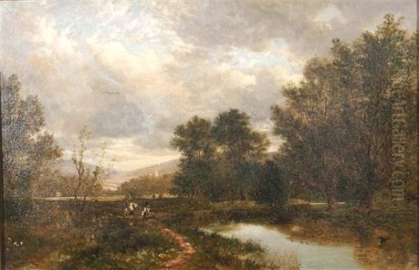 A Wooded Landscape With Anglers Fishing Off A Riverbank - view 1