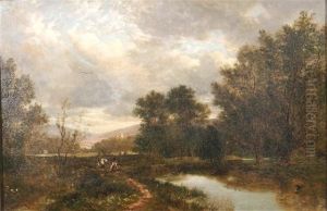 A Wooded Landscape With Anglers Fishing Off A Riverbank thumbnail