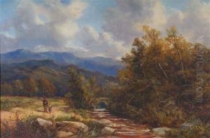 A Scottish Mountainous Landscape With Angler And Childon A River Bank