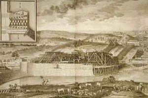 The Machine at Marly from Les Plans Profils et Elevations des Ville et Chateau de Versailles by Pierre-Denis Martin