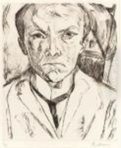 Frontal Self-portrait With House
 Gable In Background (selbstbildnis Von Vorn, Im Hintergrund Hausgiebel)
 (h. 125) by Max Beckmann