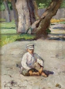 A Boy Sitting Before A Tree A Boy Sitting Before A Tree