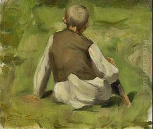 Ruckenansicht Eines Im Gras Sitzenden Bauernjungen Im Weisen Hemd Mit Weste. Ruckenansicht Eines Im Gras Sitzenden Bauernjungen Im Weisen Hemd Mit Weste.