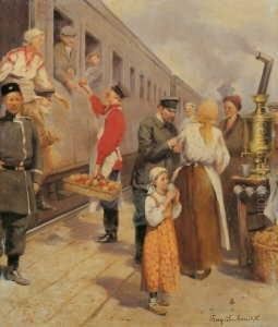 Auf Einem Russischen Bahnhof. by Nikolai Petrovich Bogdanov-Belsky