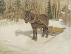 Winter Landscape With Horse And Sledge
