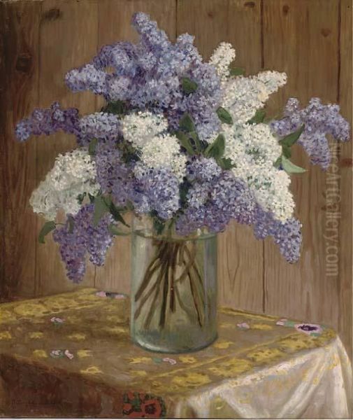 Purple And White Lilacs In A Glass Vase - view 1
