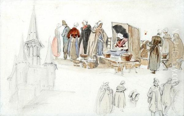 Figure Studies For A Market Scene,and A Study Of Church Tower - view 1