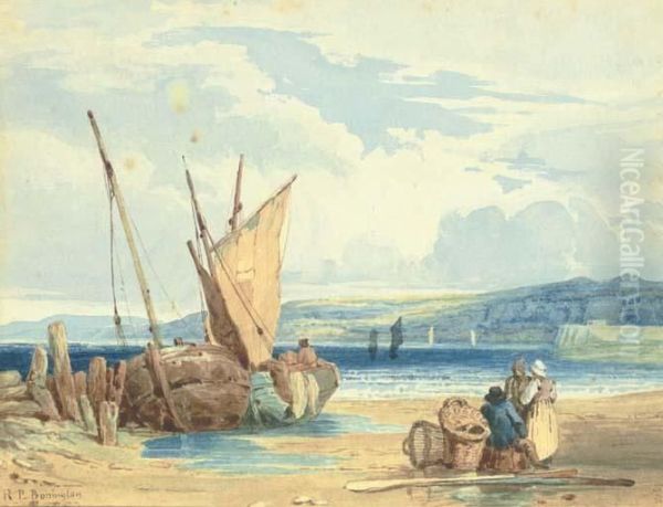 A Coastal Landscape At Low Tide With Fisherfolk And Beachedvessels - view 1