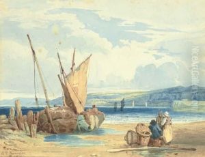 A Coastal Landscape At Low Tide With Fisherfolk And Beachedvessels by Richard Parkes Bonington