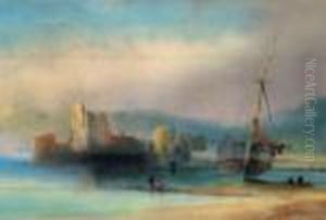 Brabazon- Beached Vessel By A Castle; Black And Coloured Chalk, Inscribed, 26.5x43cm by Hercules Brabazon Brabazon