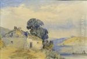 Riverscene, With Angler And Stone Cottage by William Callow
