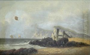 Thecornish Coast, Figures Seated On A Rock, Sailing Boats Beyond