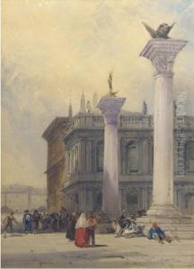 Venetian Figures Gathered Around The Columns At San Marco Square,venice by William Callow