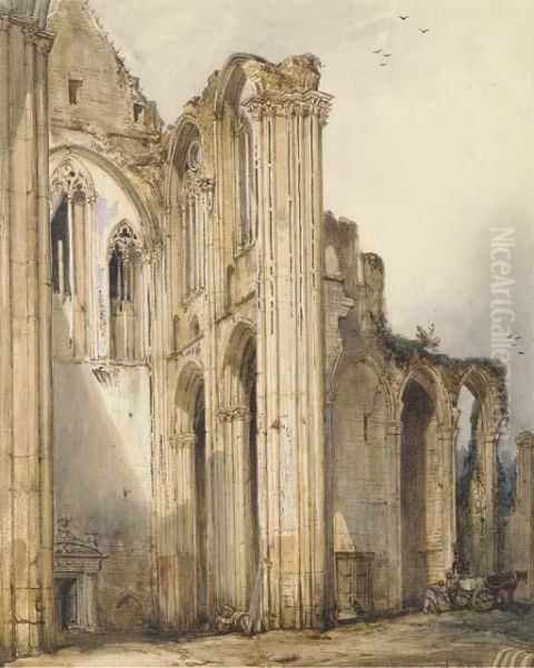 Labourers Loading A Cart In The Ruins Of The Benedictine Abbey Ofst. Vandrille - view 1