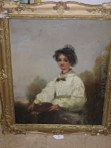 Portrait Of A Girl In A White 
Dress Holding A Basket, Three-quarter Length, Landscape Beyond