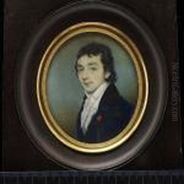 A Young Gentleman, Wearing Blue
Coat With Black Velvet Collar And Tied White Cravat, A Red Ribbon Pin To
His Lapel. - view 1