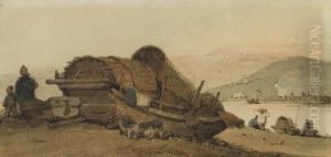 Beached Sampan With Figures And Sway Back Pigs, Macau Beyond Beached Sampan With Figures And Sway Back Pigs, Macau Beyond