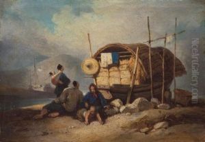A Chinese Family With Their Sampan On The Banks Of The Pearl River