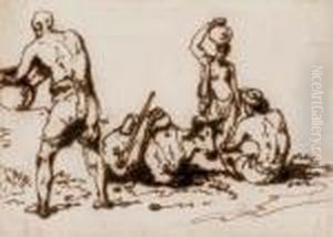 Indian Figures With A Recumbent Brahmin Bull by George Chinnery