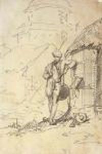 A Composite Study Of A Ruined
Tower And Domed Building (recto) (illustrated); And Two Studies Of Boats
(verso); Study Of A Temple; And Study Of An Indian Man (recto) And
Study Of Cows And Building In A Landscape Beyond (verso) by George Chinnery