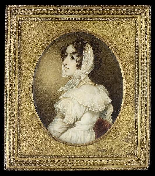 Marian Greer (d.1814), Seated On
A Red Upholstered Chair, Wearing White Dress With Spotted Gauze
Sleeves, Large Embroidered Collar And Shoulder Caps, Four Strand Pearl
Necklace And Embroidered White Scarf Tied About Her Head - view 1