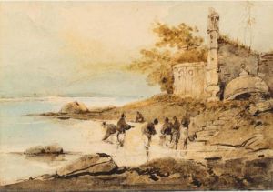 Figures Bathing In A River; A Wooded Landscape by George Chinnery