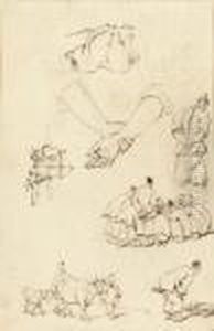 Studies Of Chinese Figures With Cattle by George Chinnery
