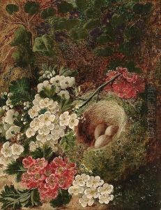 Still Life With Flowers And A Birds Nest On Mossy Bank by Oliver Clare