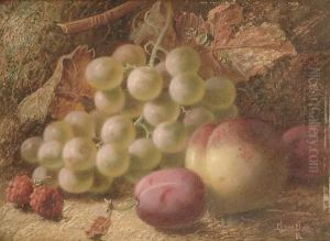 Still Life Of Grapes, Raspberries, Plums And A Peach On A Mossy Bank by Oliver Clare
