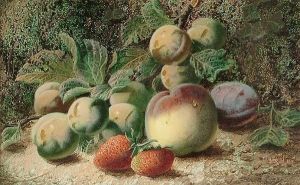 Still Life Of Fruit On A Bank; Still Life Of Raspberries, Apples And Gooseberries by Oliver Clare