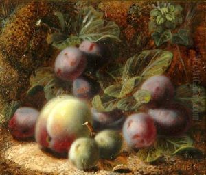 Still Life - A Bunch Of Grapes, 
Peaches, Gooseberries And A Strawberry On An Earthy Bank, Signed