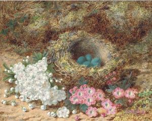 Still Life Of Apple Blossom And A Bird's Nest On A Mossy Bank