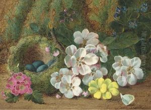 Apple Blossom, Primroses And A Bird's Nest With Eggs, On A Mossybank by Oliver Clare