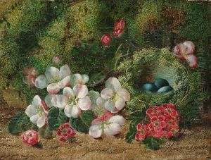 Still Life Of Fruit On A Mossy 
Bank; Still Life Of Flowers And A Bird's Nest On A Mossy Bank by Oliver Clare