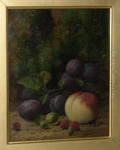 Plums, Gooseberries, Raspberries And A Peach Against A Mossy Bank