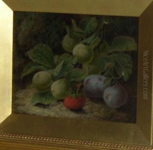 Greengages, Plums And A Strawberry Against A Mossy Bank