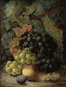 Still Life Of Grapes And Other
Fruit On A Mossy Bank; Still Life Of Birds Nest And Flowers On A Mossy
Bank by Oliver Clare