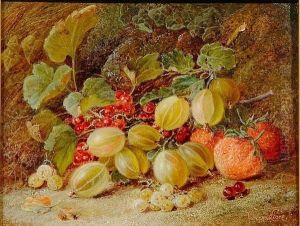 A Still Life With A Pear And Raspberries On A Mossy Bank