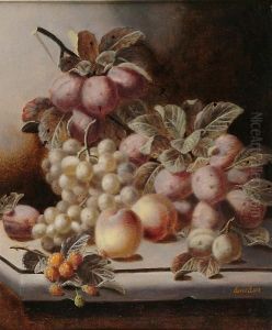 Still Life Of Plums, Peaches And Rasperries On A Ledge by Oliver Clare